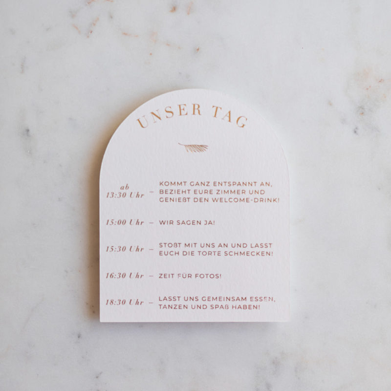Tagesablauf-Karte des Hochzeitspapeterie Sets Kala.