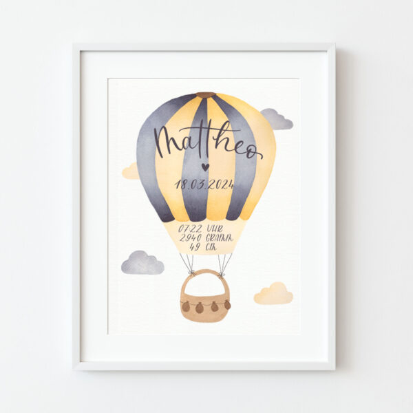 Geburtsposter im Bilderrahmen mit Heißluftballon Motiv in blau gelb