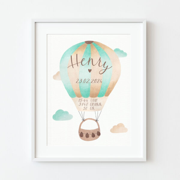 Geburtsposter im Bilderrahmen mit Heißluftballon Motiv in mint braun