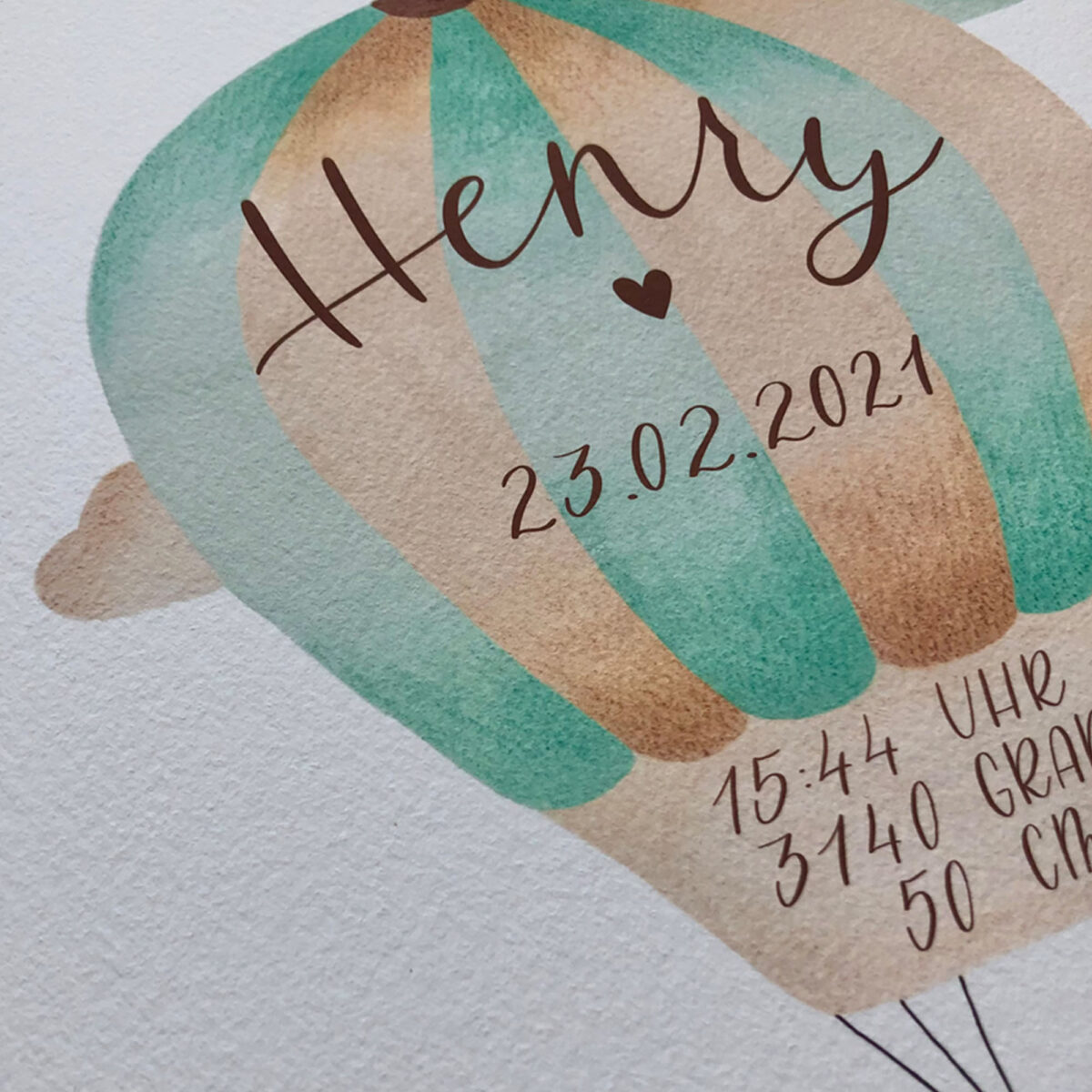 Detailaufnahme von Geburtsposter mit Heißluftballon Motiv in mint braun