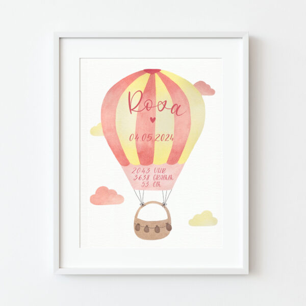 Geburtsposter im Bilderrahmen mit Heißluftballon Motiv in rosa gelb