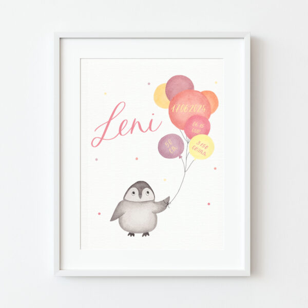 Geburtsposter im Bilderrahmen mit Pinguin Motiv mit rosa gelben Luftballons