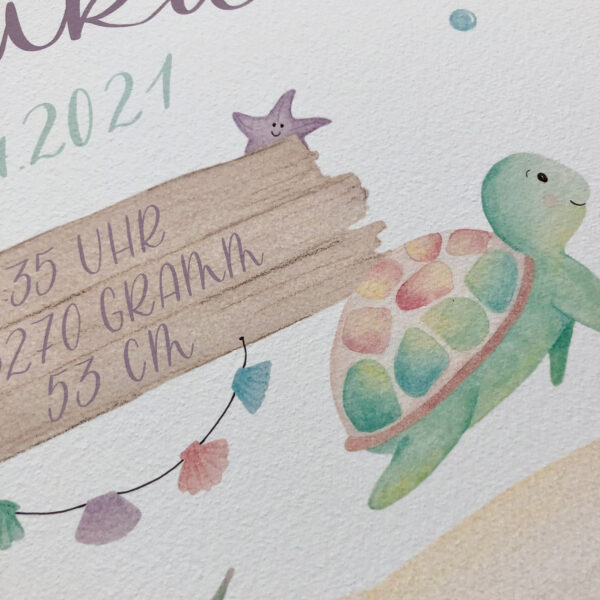 Detailaufnahme von Geburtsposter mit Unterwasserwelt Motiv