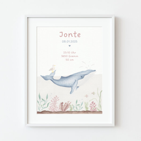 Geburtsposter mit Aquarell Wal, der halb unter Wasser ist.